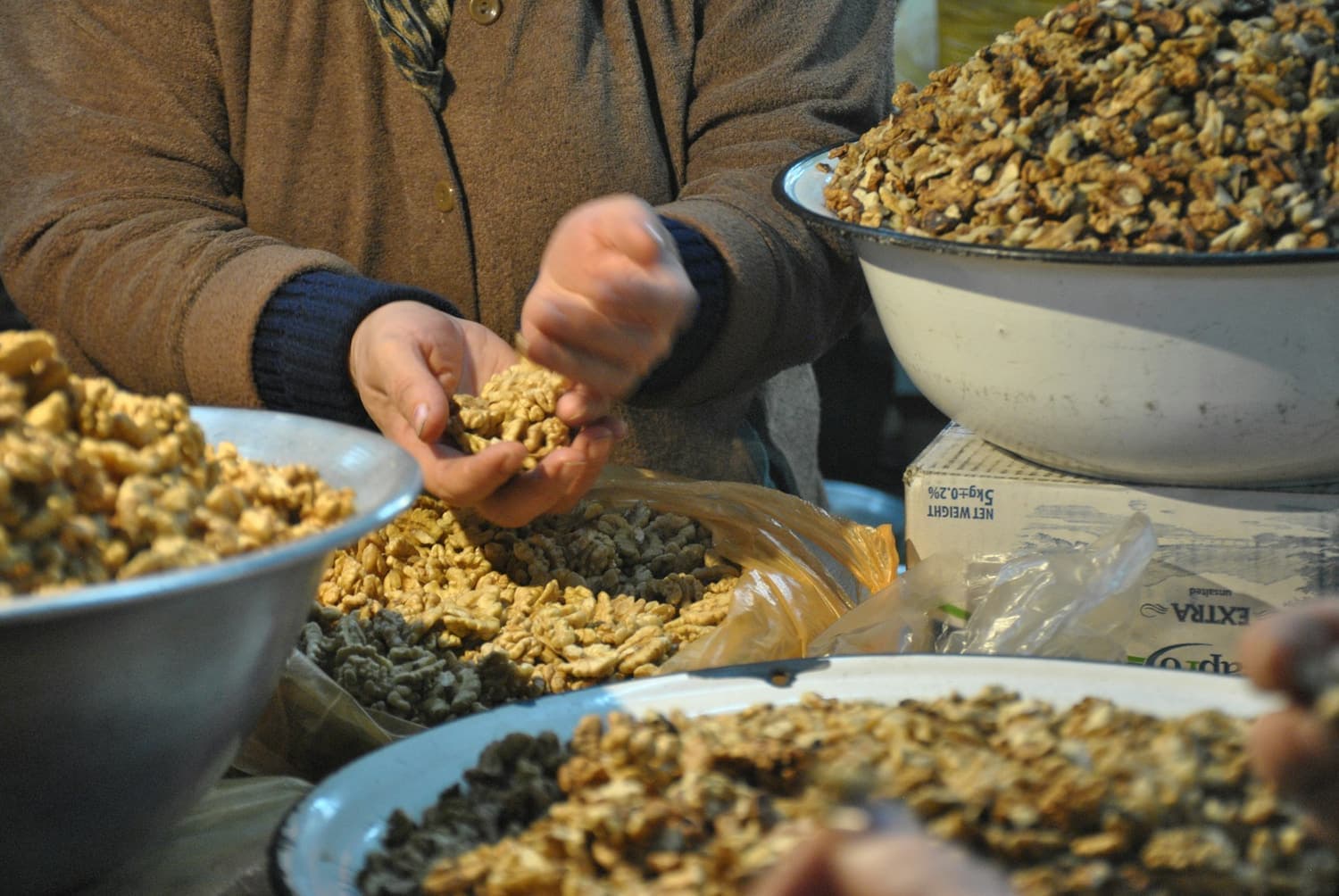 Hands sorting shelled walnuts and dried fruit by hand into bowls